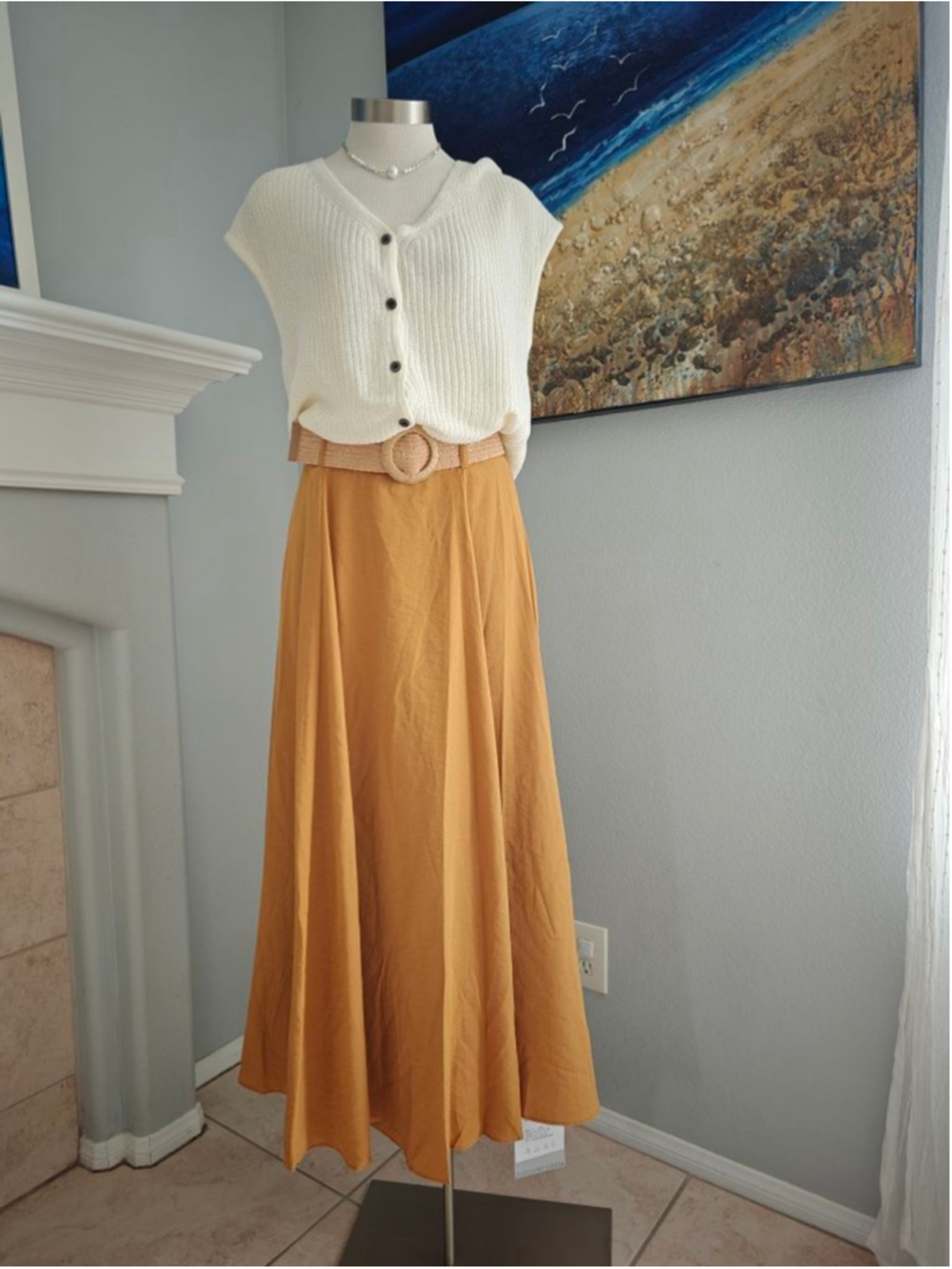 Women's Mustard Maxi Skirt with Beige Belt